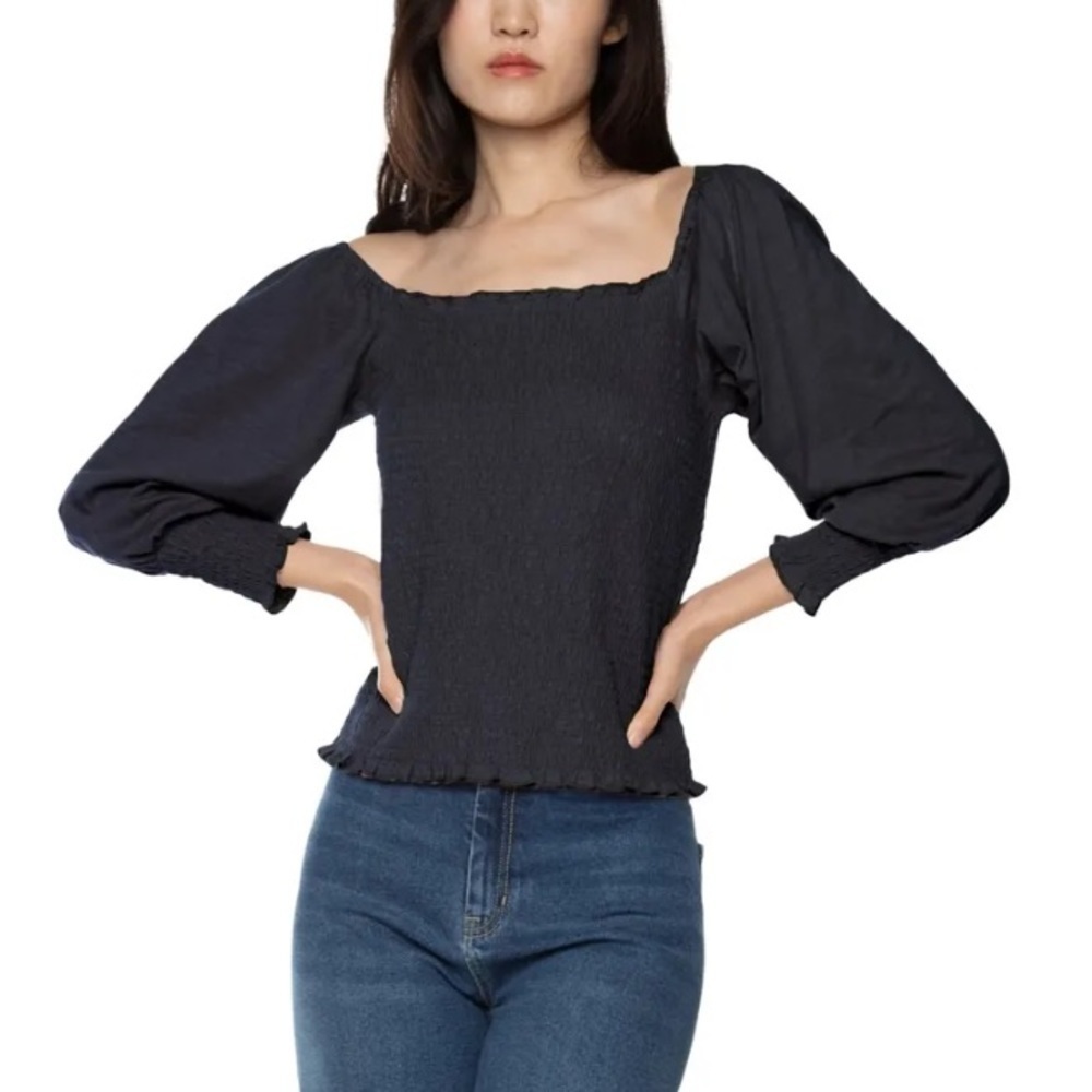 BLACK TAPE Petite Smocked Top Long Sleeve ruffled black top, size petite M